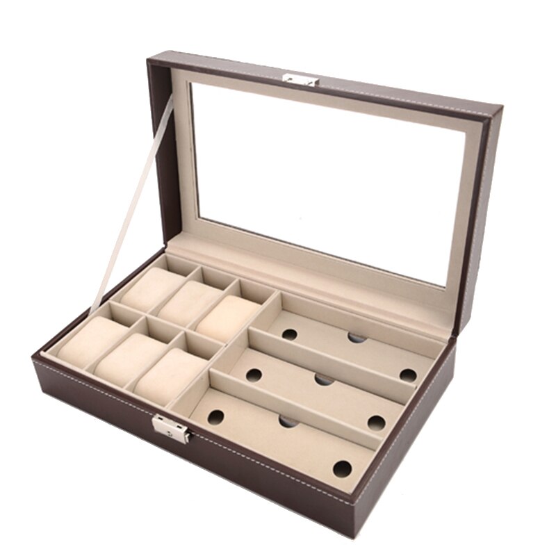 Watch Box 6+3 Watch Box Stock Wooden Glasses Case Pu Watch Jewelry Box