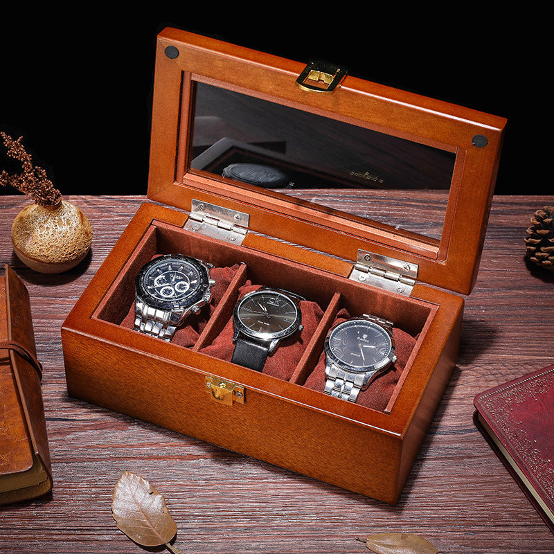 Three Case Watch Box Wooden Glass Skylight Watch Box Chain Display Box Collection Jewelry Box