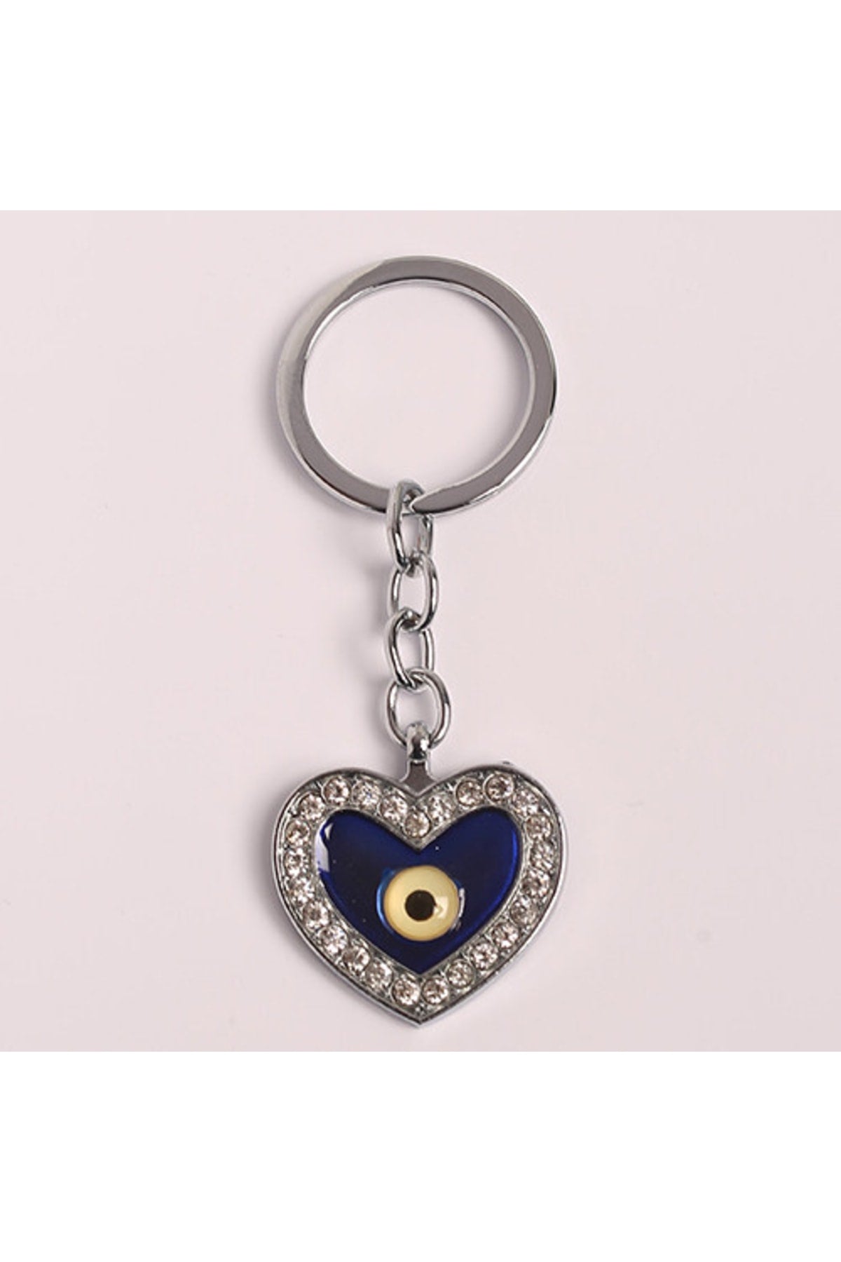Nazar Boncuklu Taşlı Kalp Tasarımlı Çelik Anahtarlık