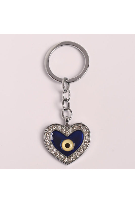 Nazar Boncuklu Taşlı Kalp Tasarımlı Çelik Anahtarlık