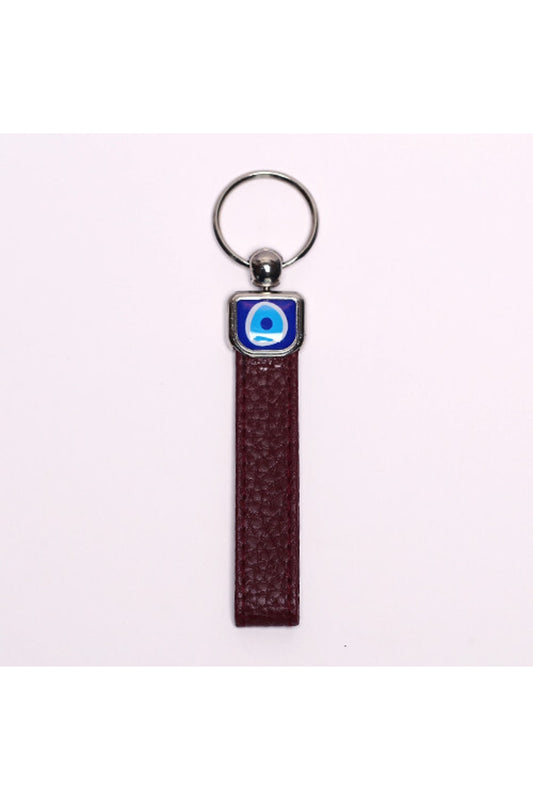 Koyu Kahverengi Deri Nazar Boncuklu Çelik Anahtarlık